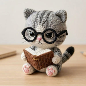 Crochet Reading Cat Plush With Glasses, Cute Amigurumi Tabby Kitty Book Lover Stuffed Animal, Kawaii Nursery Decor Gifts, 4-12 Inch Kids Toy