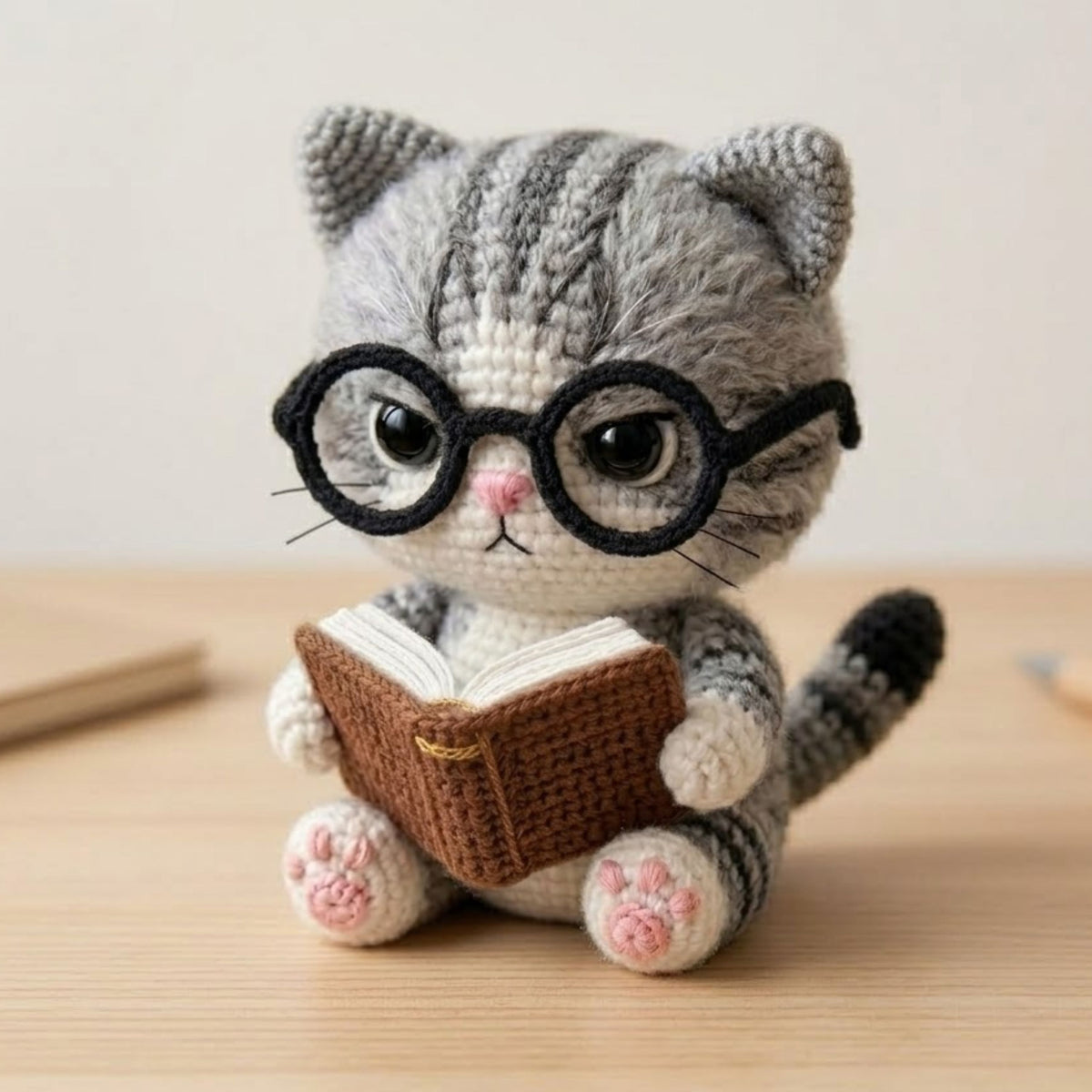 Crochet Reading Cat Plush With Glasses, Cute Amigurumi Tabby Kitty Book Lover Stuffed Animal, Kawaii Nursery Decor Gifts, 4-12 Inch Kids Toy