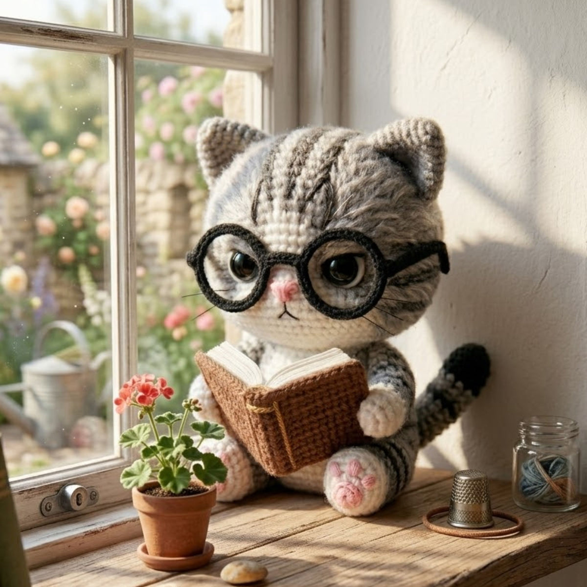 Crochet Reading Cat Plush With Glasses, Cute Amigurumi Tabby Kitty Book Lover Stuffed Animal, Kawaii Nursery Decor Gifts, 4-12 Inch Kids Toy