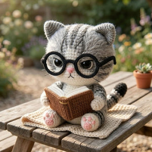 Crochet Reading Cat Plush With Glasses, Cute Amigurumi Tabby Kitty Book Lover Stuffed Animal, Kawaii Nursery Decor Gifts, 4-12 Inch Kids Toy