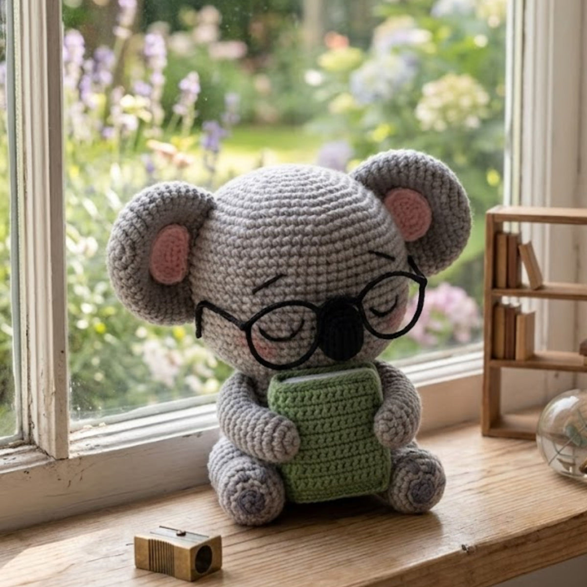 Crochet Koala Plush With a Book and Glasses, Cute Amigurumi Koala Stuffed Animal, Kawaii Nursery Decor Gift, 4-12 Inch Handmade Toy For Kids