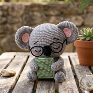 Crochet Koala Plush With a Book and Glasses, Cute Amigurumi Koala Stuffed Animal, Kawaii Nursery Decor Gift, 4-12 Inch Handmade Toy For Kids
