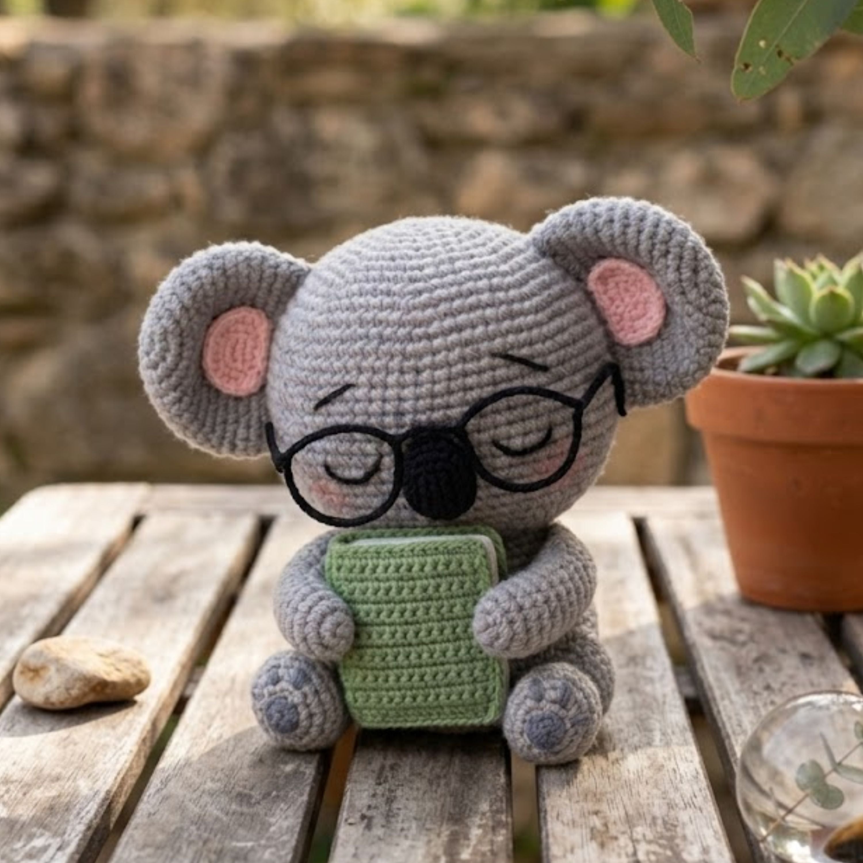 Crochet Koala Plush With a Book and Glasses, Cute Amigurumi Koala Stuffed Animal, Kawaii Nursery Decor Gift, 4-12 Inch Handmade Toy For Kids