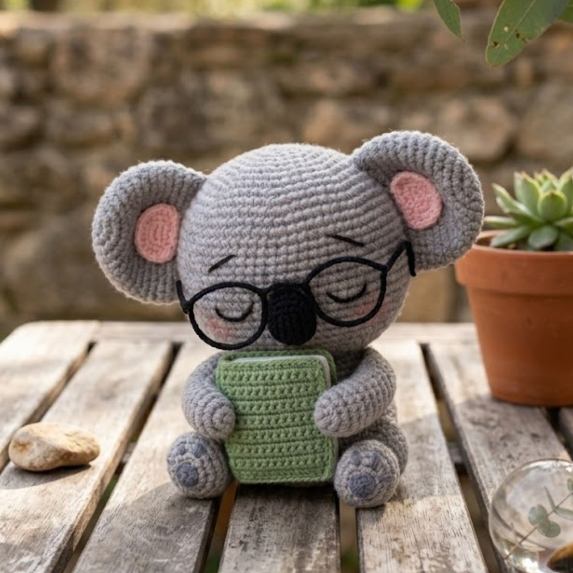 Crochet Koala Plush With a Book and Glasses, Cute Amigurumi Koala Stuffed Animal, Kawaii Nursery Decor Gift, 4-12 Inch Handmade Toy For Kids