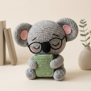 Crochet Koala Plush With a Book and Glasses, Cute Amigurumi Koala Stuffed Animal, Kawaii Nursery Decor Gift, 4-12 Inch Handmade Toy For Kids