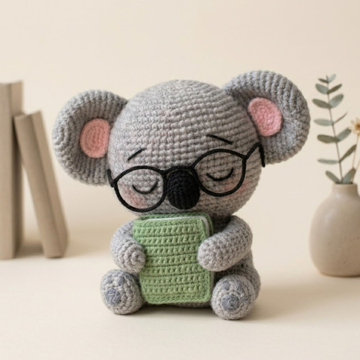 Crochet Koala Plush With a Book and Glasses, Cute Amigurumi Koala Stuffed Animal, Kawaii Nursery Decor Gift, 4-12 Inch Handmade Toy For Kids