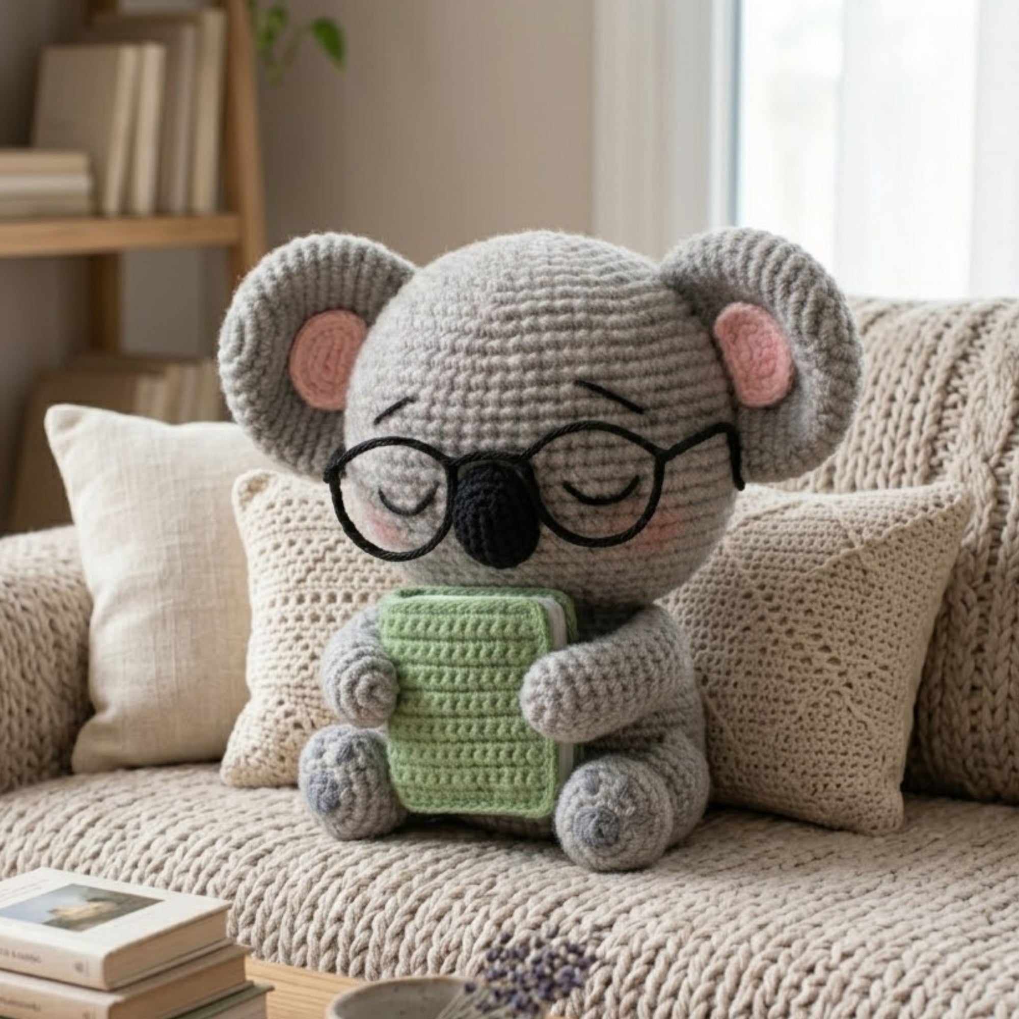 Crochet Koala Plush With a Book and Glasses, Cute Amigurumi Koala Stuffed Animal, Kawaii Nursery Decor Gift, 4-12 Inch Handmade Toy For Kids