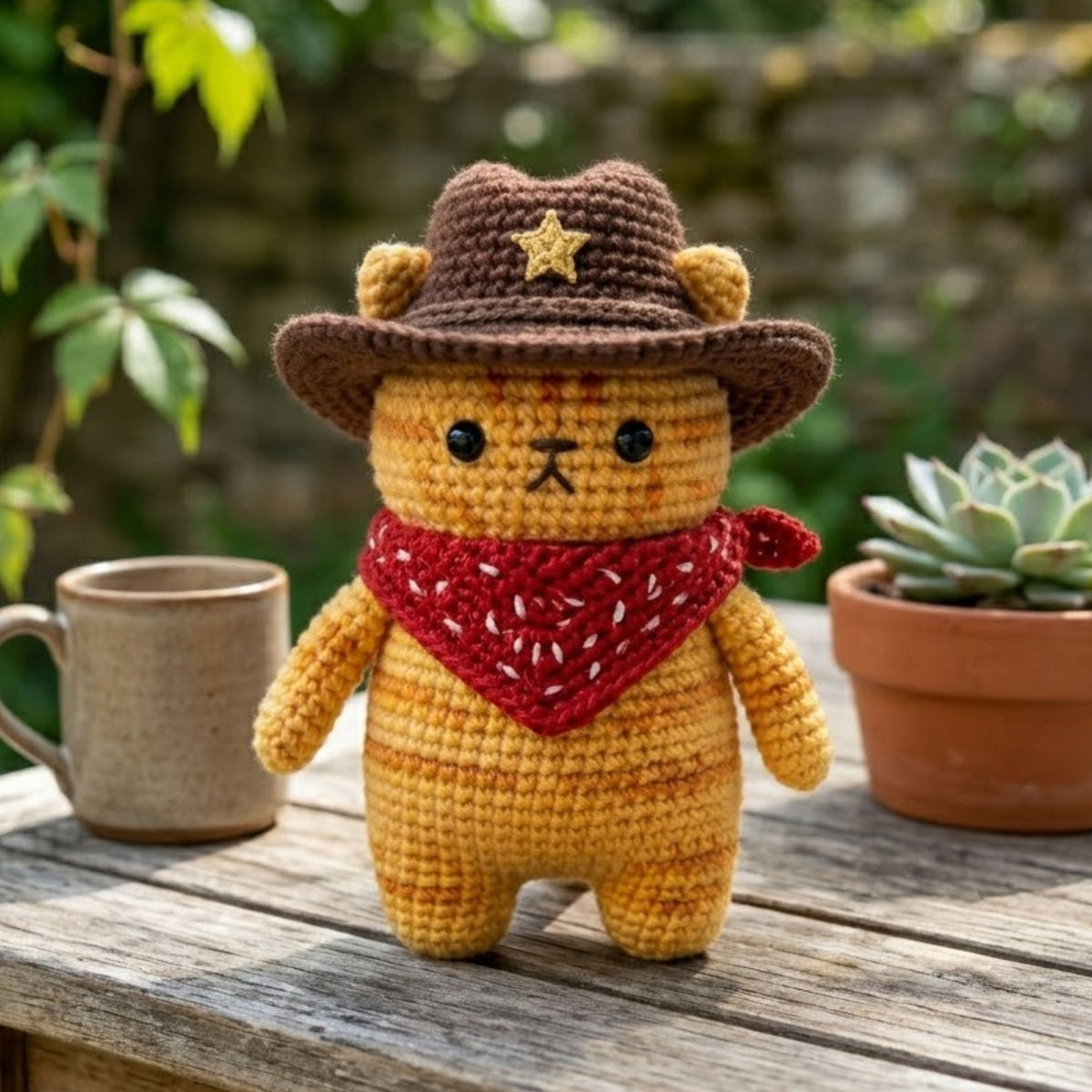 Crochet Cowboy Cat Plush With Hat and Bandana, Cute Amigurumi Western Kitty Stuffed Animal, Kawaii Nursery Decor Gift, 4-12 Inch Plush Gifts