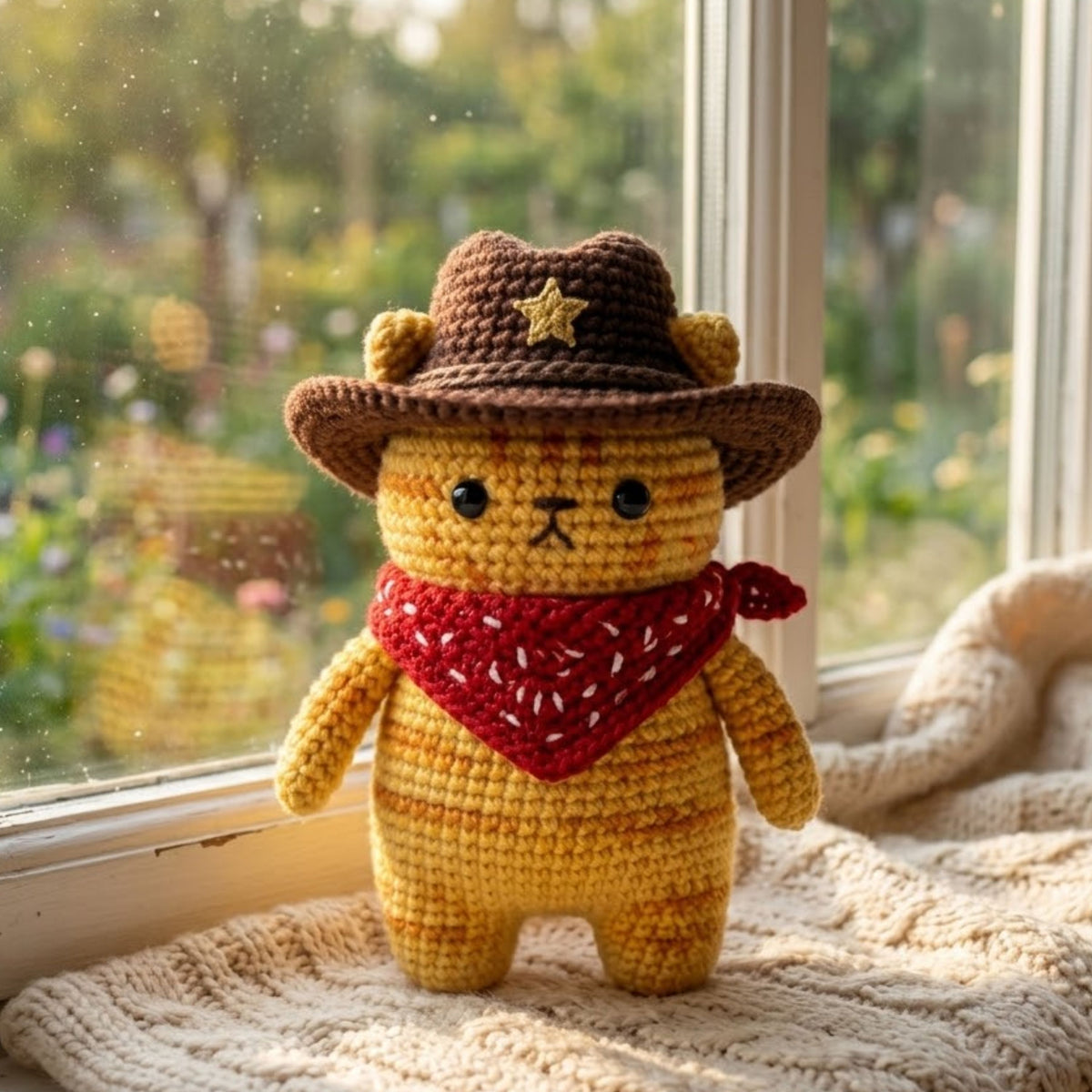 Crochet Cowboy Cat Plush With Hat and Bandana, Cute Amigurumi Western Kitty Stuffed Animal, Kawaii Nursery Decor Gift, 4-12 Inch Plush Gifts