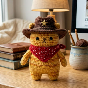 Crochet Cowboy Cat Plush With Hat and Bandana, Cute Amigurumi Western Kitty Stuffed Animal, Kawaii Nursery Decor Gift, 4-12 Inch Plush Gifts