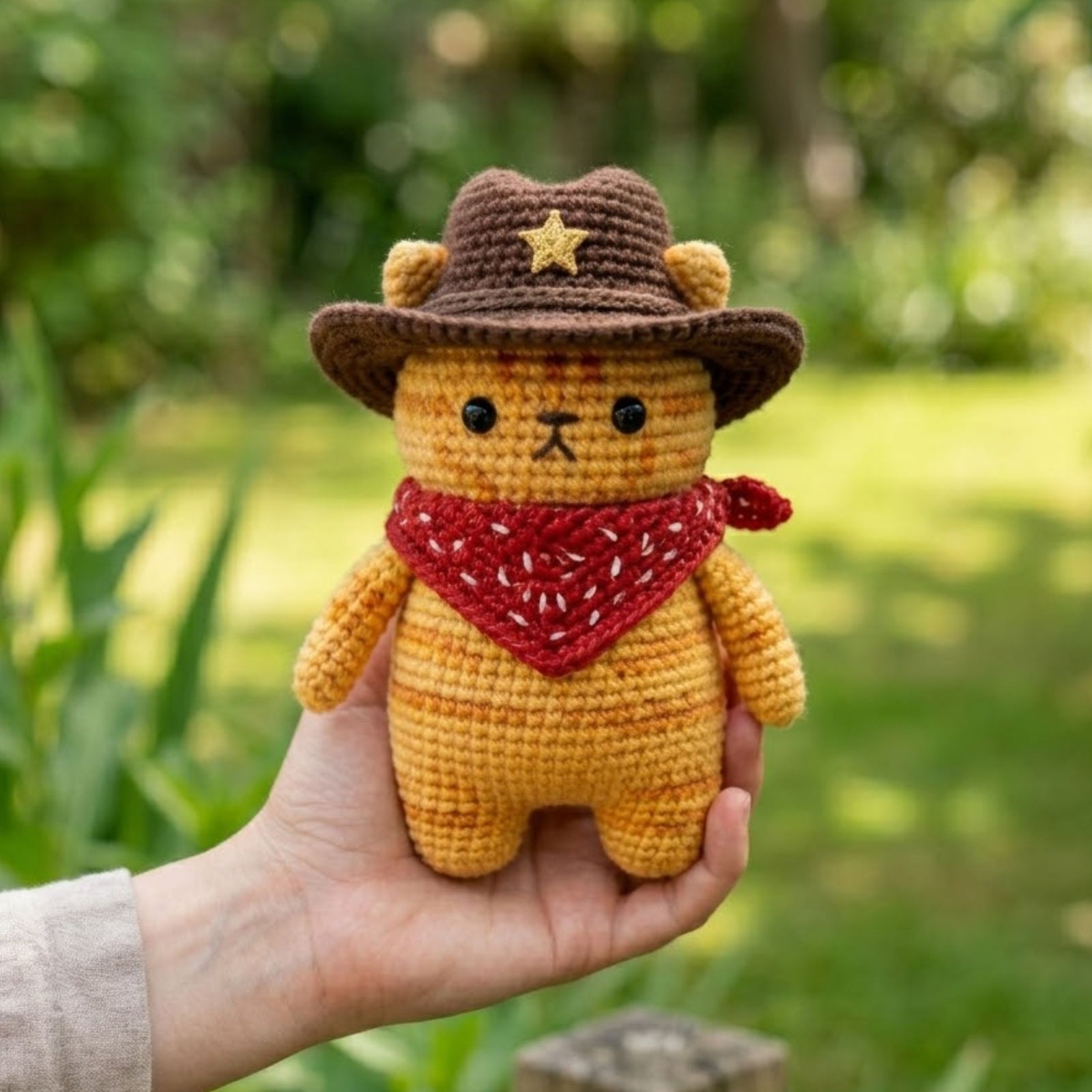 Crochet Cowboy Cat Plush With Hat and Bandana, Cute Amigurumi Western Kitty Stuffed Animal, Kawaii Nursery Decor Gift, 4-12 Inch Plush Gifts