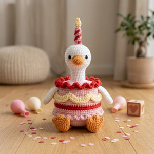 Handmade Crochet Birthday Goose Plush, Cute Amigurumi Goose Cake Doll, Pink Party Bird Gift, Soft Nursery Decor in 4-12 Inch Sizes