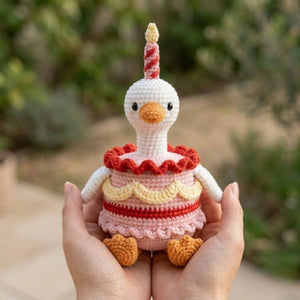 Handmade Crochet Birthday Goose Plush, Cute Amigurumi Goose Cake Doll, Pink Party Bird Gift, Soft Nursery Decor in 4-12 Inch Sizes