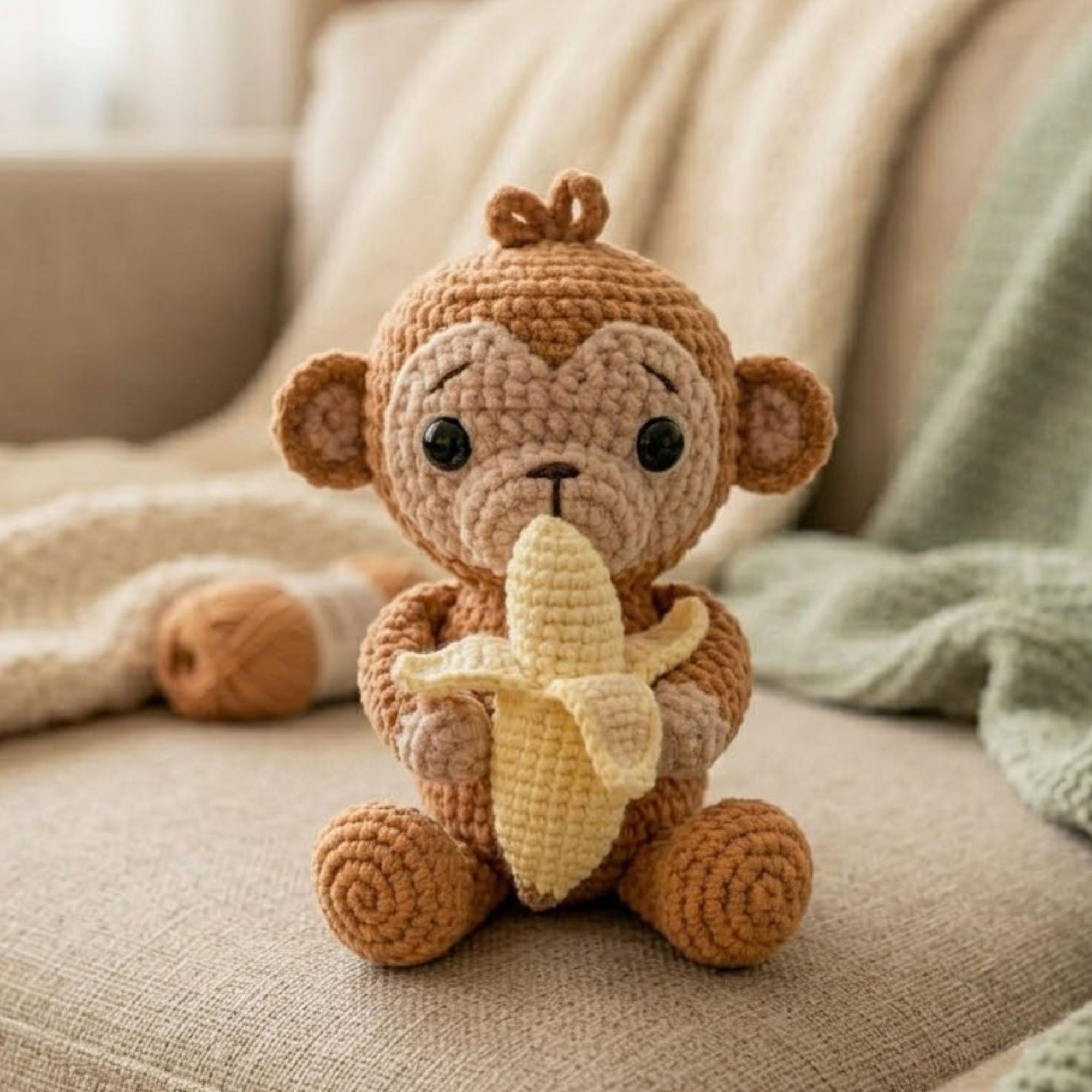 Handmade Crochet Monkey Plush with Banana, Cute Amigurumi Monkey Doll, Kawaii Jungle Animal Gift, Soft Crochet Toy in 4-12 Inch Sizes
