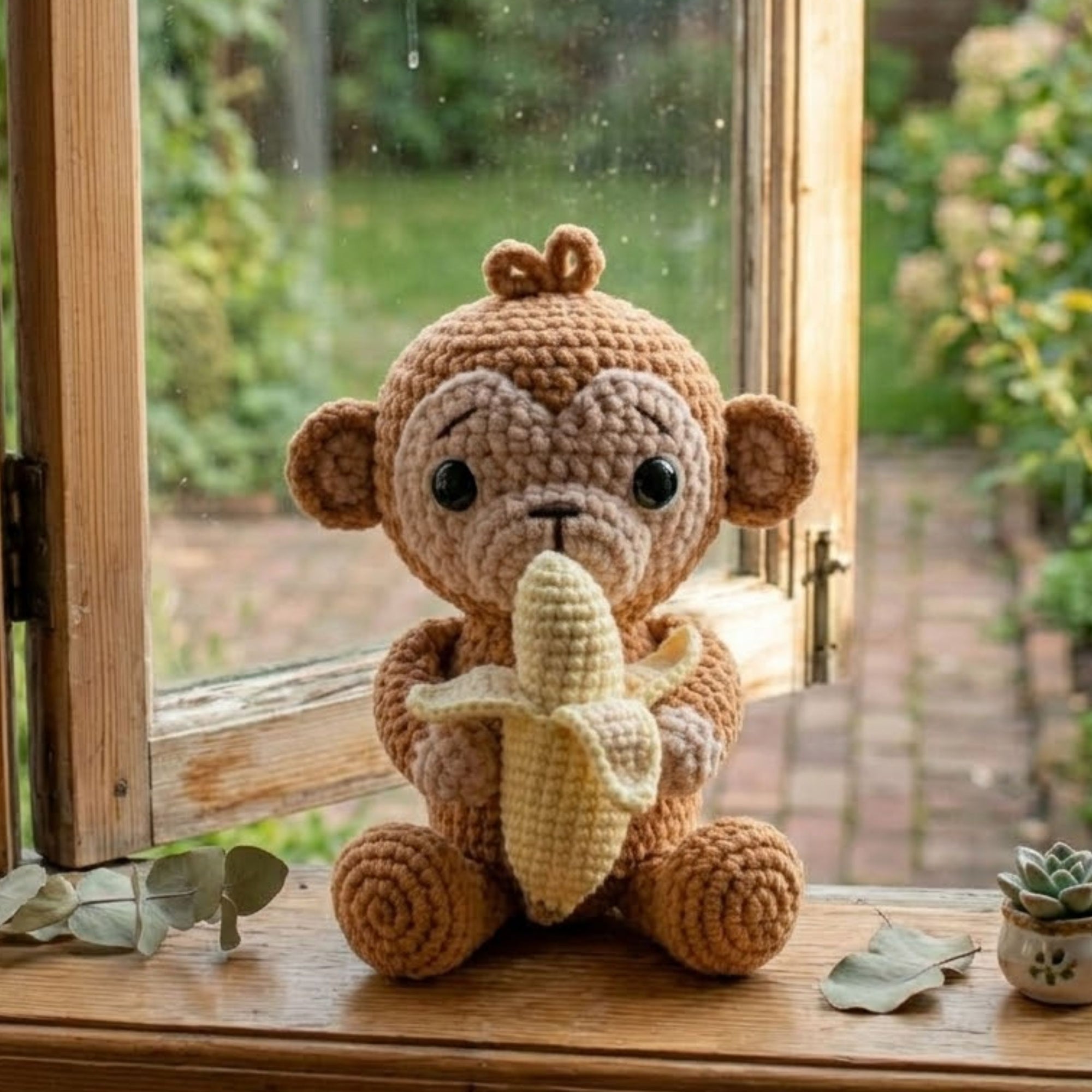 Handmade Crochet Monkey Plush with Banana, Cute Amigurumi Monkey Doll, Kawaii Jungle Animal Gift, Soft Crochet Toy in 4-12 Inch Sizes