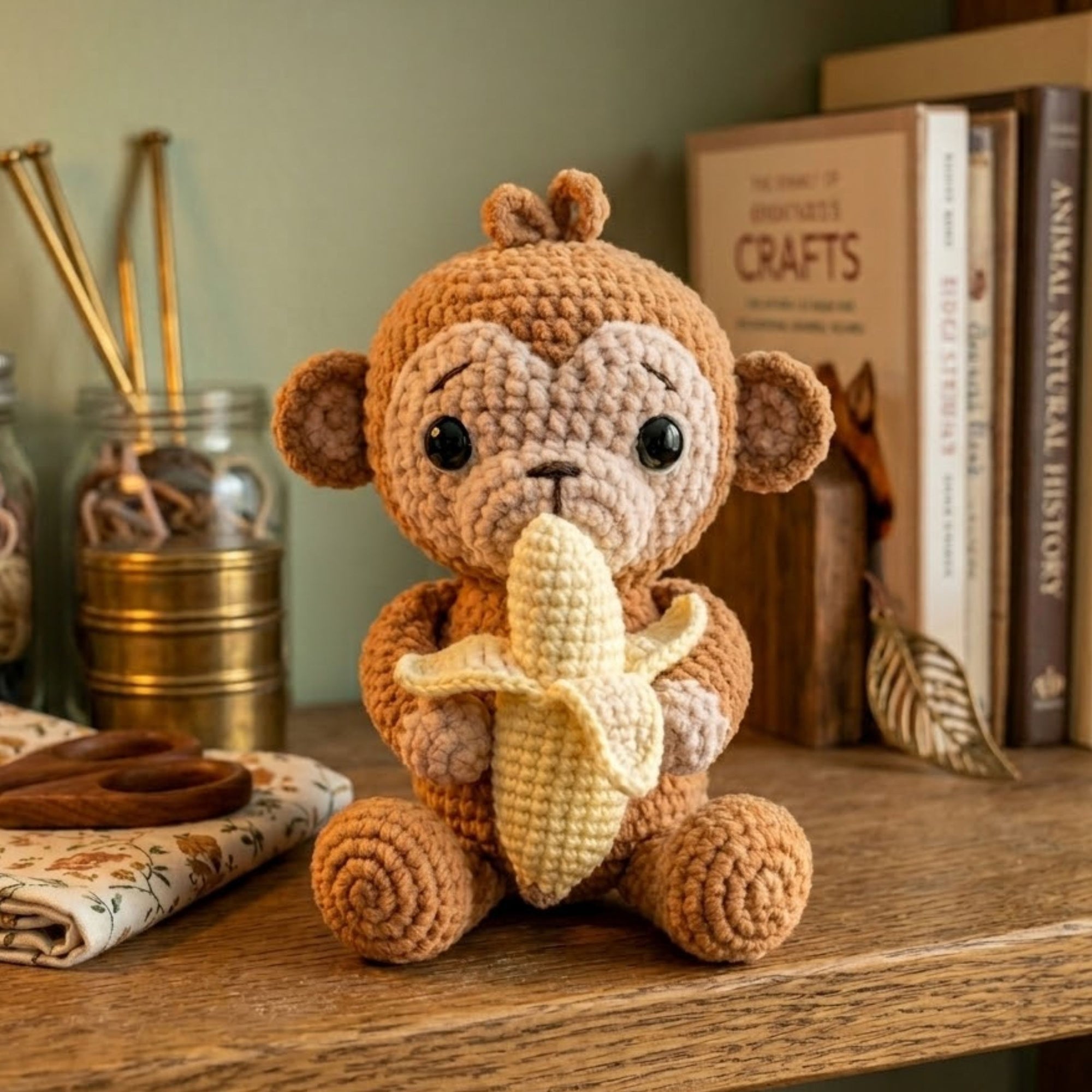Handmade Crochet Monkey Plush with Banana, Cute Amigurumi Monkey Doll, Kawaii Jungle Animal Gift, Soft Crochet Toy in 4-12 Inch Sizes