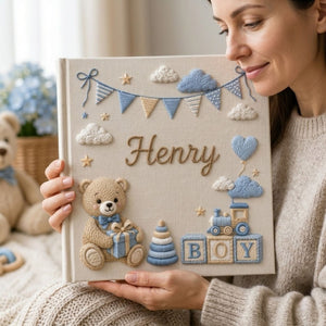 Hand Embroidered Baby Photo Album, Custom Name Baby Memory Book, Teddy Bear Boy Nursery Album, Personalized Baby Shower Gift