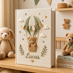 Personalized Teddy Bear Baby Photo Album, Hand Embroidered Hot Air Balloon Baby Memory Book, Custom Newborn Keepsake Album, Baby Shower Gift