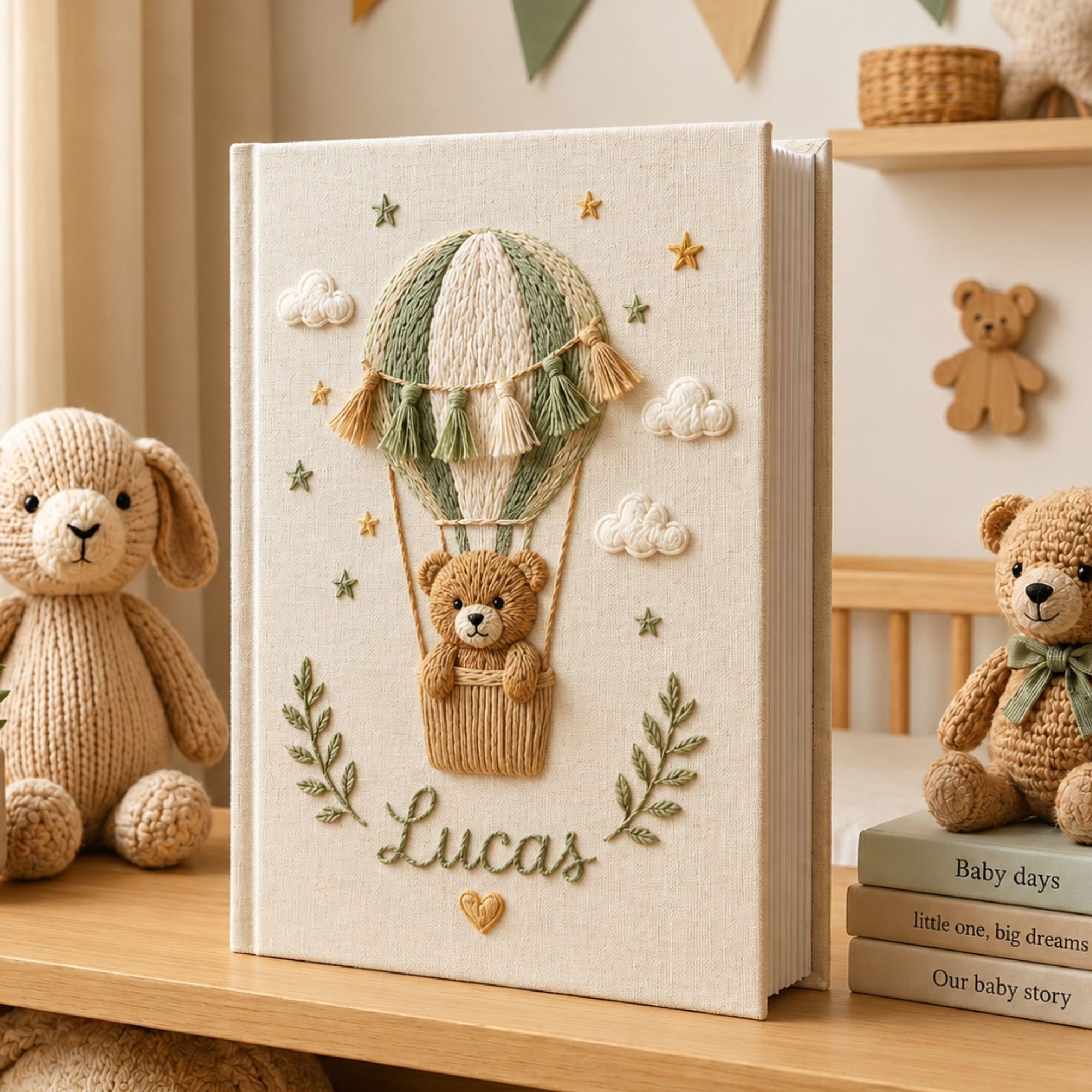 Personalized Teddy Bear Baby Photo Album, Hand Embroidered Hot Air Balloon Baby Memory Book, Custom Newborn Keepsake Album, Baby Shower Gift