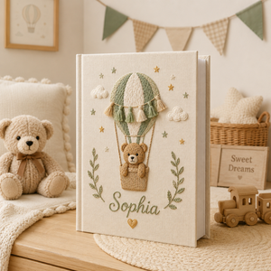 Personalized Teddy Bear Baby Photo Album, Hand Embroidered Hot Air Balloon Baby Memory Book, Custom Newborn Keepsake Album, Baby Shower Gift