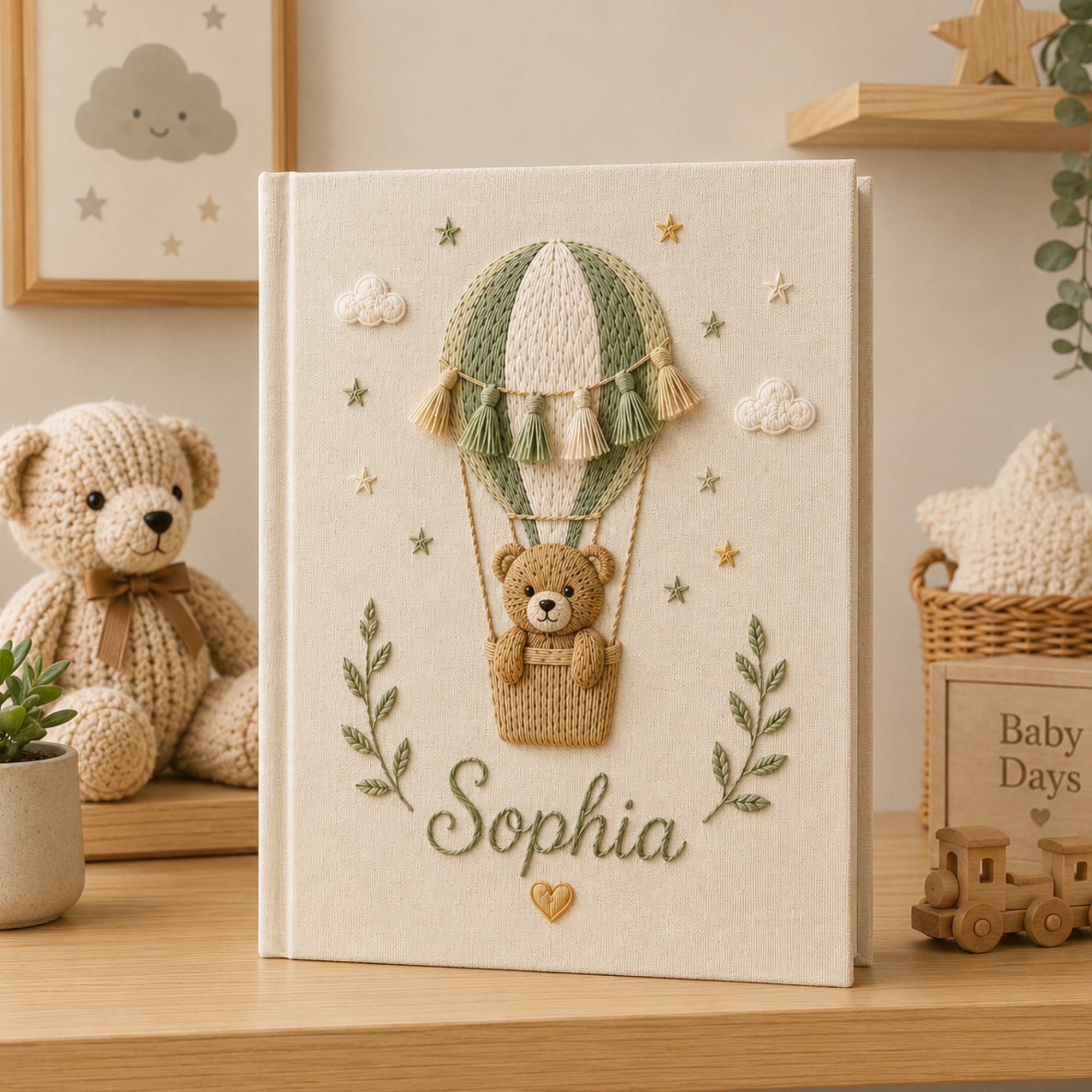 Personalized Teddy Bear Baby Photo Album, Hand Embroidered Hot Air Balloon Baby Memory Book, Custom Newborn Keepsake Album, Baby Shower Gift