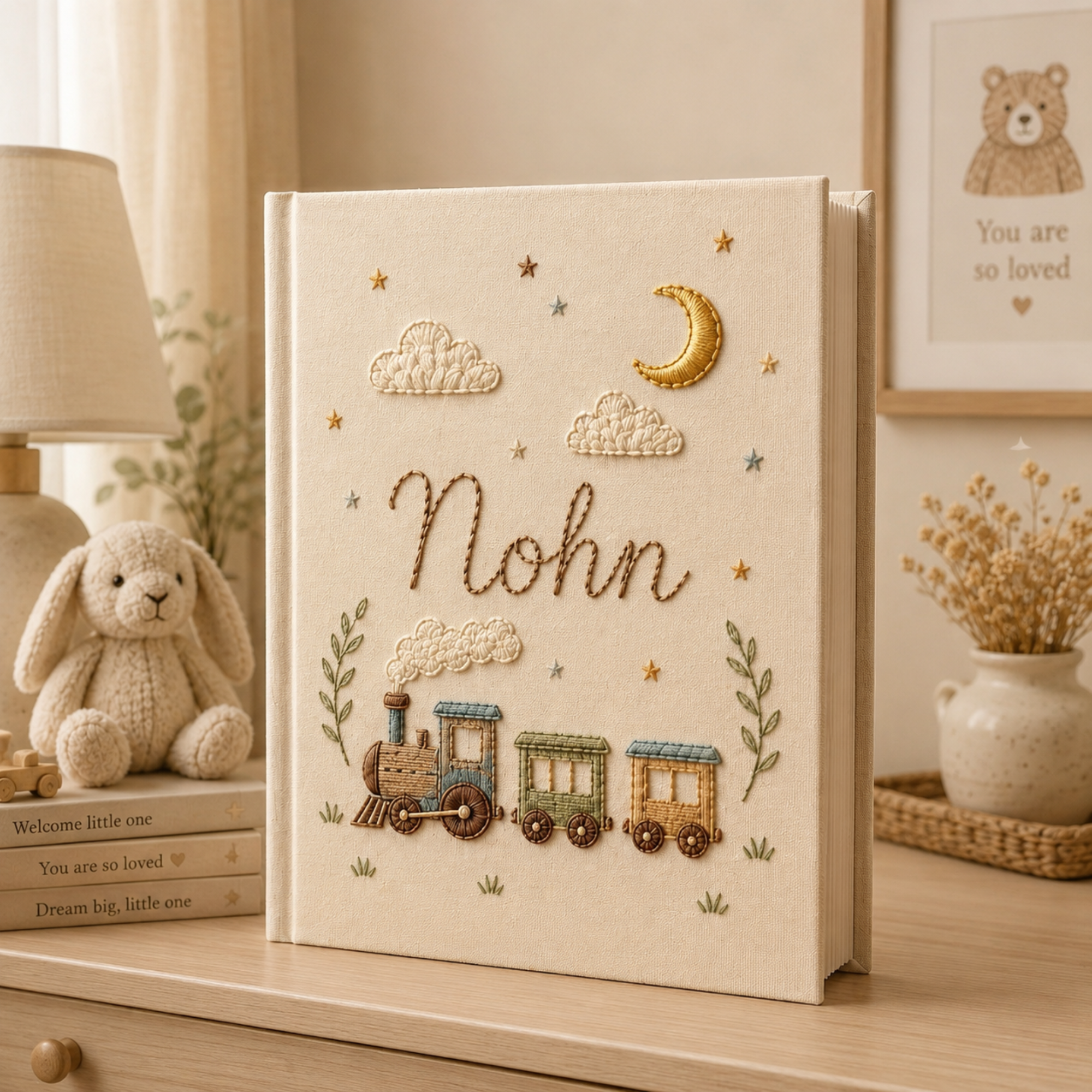 Hand Embroidered Little Train Linen Baby Photo Album , Custom Linen Baby Memory Book, Custom Newborn Keepsake Album, Baby Shower Gift