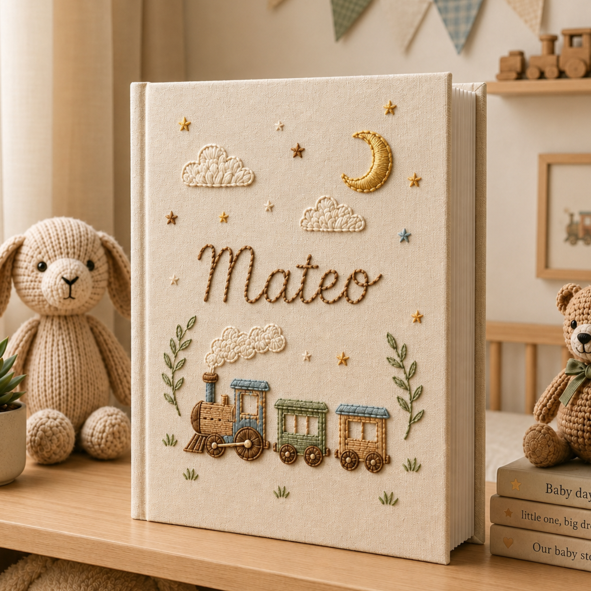 Hand Embroidered Little Train Linen Baby Photo Album , Custom Linen Baby Memory Book, Custom Newborn Keepsake Album, Baby Shower Gift