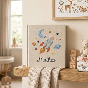Personalized Baby Photo Album, Hand Embroidered Dinosaur Memory Book, Custom Name Keepsake, Woodland Nursery Gift, Newborn, Baby Shower Gift