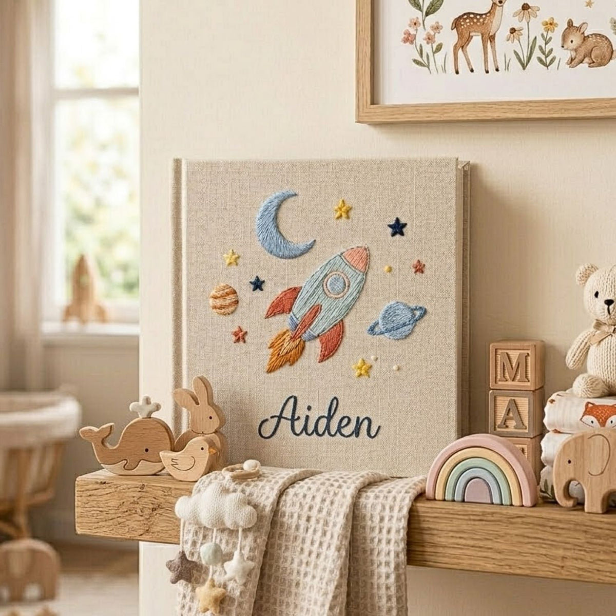 Personalized Baby Photo Album, Hand Embroidered Dinosaur Memory Book, Custom Name Keepsake, Woodland Nursery Gift, Newborn, Baby Shower Gift