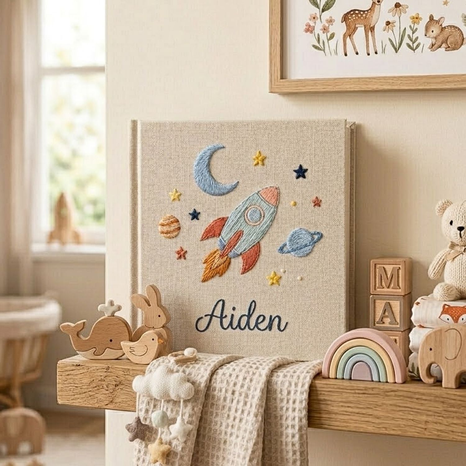 Personalized Baby Photo Album, Hand Embroidered Dinosaur Memory Book, Custom Name Keepsake, Woodland Nursery Gift, Newborn, Baby Shower Gift