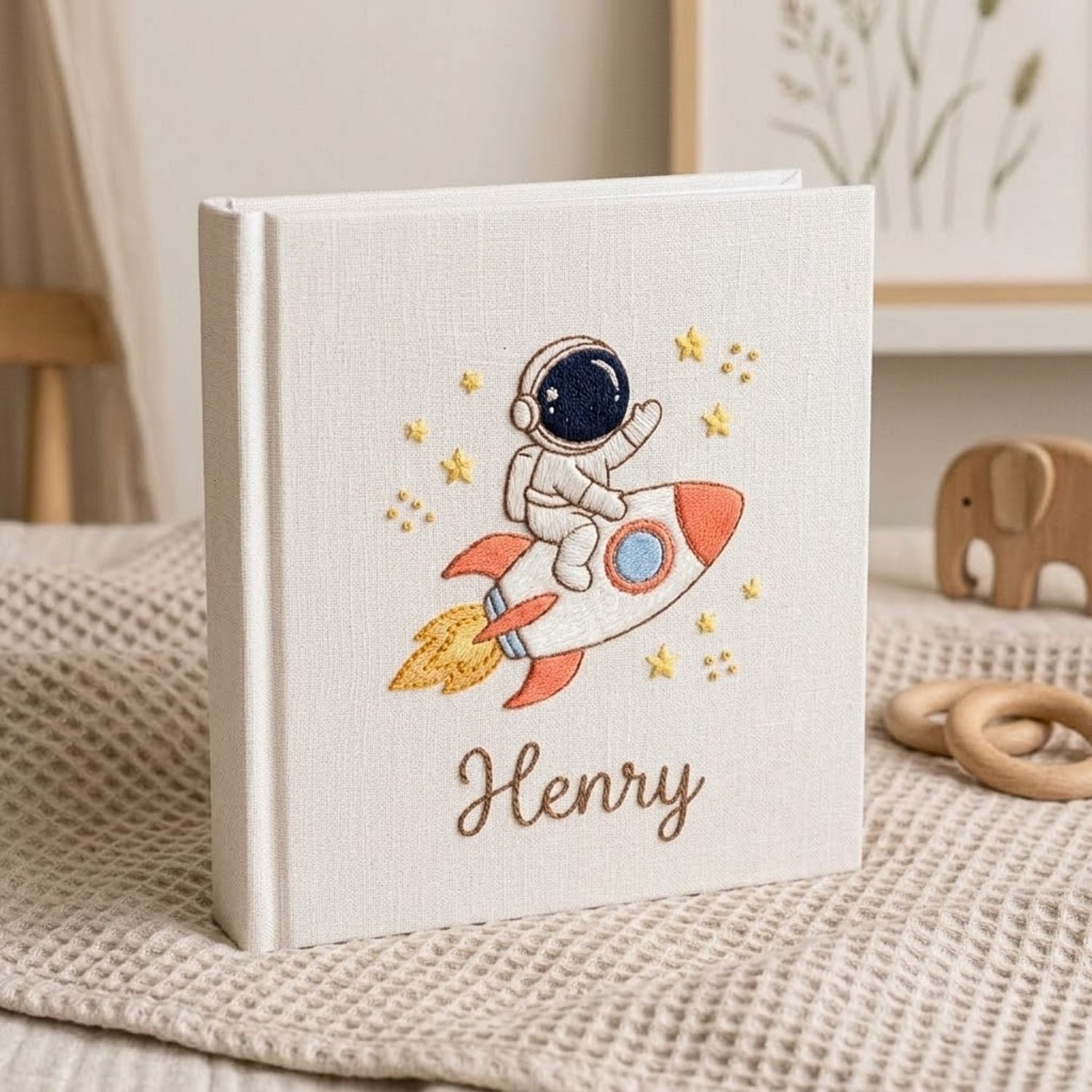 Personalized Baby Photo Album, Hand Embroidered Dinosaur Memory Book, Custom Name Keepsake, Woodland Nursery Gift, Newborn, Baby Shower Gift