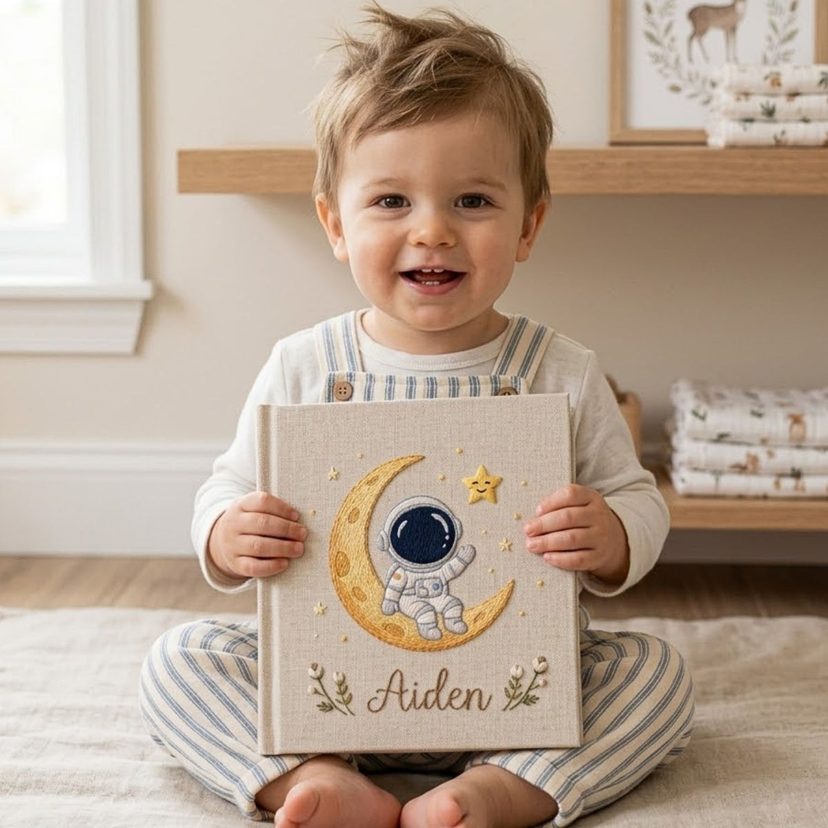 Personalized Baby Photo Album, Hand Embroidered Dinosaur Memory Book, Custom Name Keepsake, Woodland Nursery Gift, Newborn, Baby Shower Gift