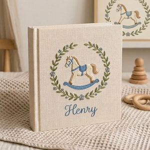 Personalized Baby Photo Album, Hand Embroidered Dinosaur Memory Book, Custom Name Keepsake, Woodland Nursery Gift, Newborn, Baby Shower Gift