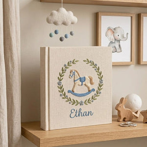 Personalized Baby Photo Album, Hand Embroidered Dinosaur Memory Book, Custom Name Keepsake, Woodland Nursery Gift, Newborn, Baby Shower Gift