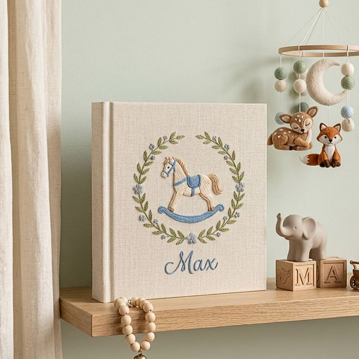 Personalized Baby Photo Album, Hand Embroidered Dinosaur Memory Book, Custom Name Keepsake, Woodland Nursery Gift, Newborn, Baby Shower Gift