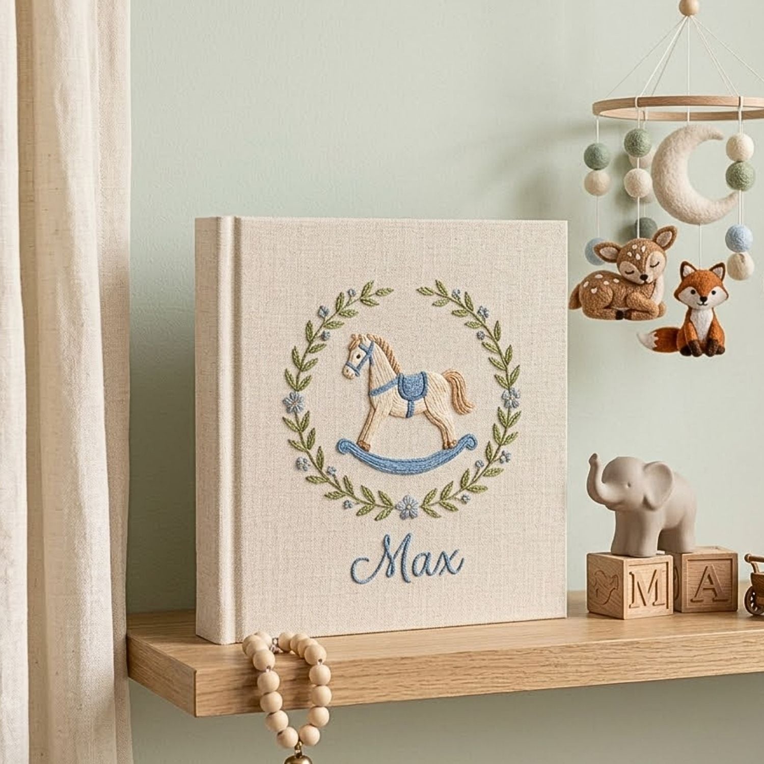 Personalized Baby Photo Album, Hand Embroidered Dinosaur Memory Book, Custom Name Keepsake, Woodland Nursery Gift, Newborn, Baby Shower Gift
