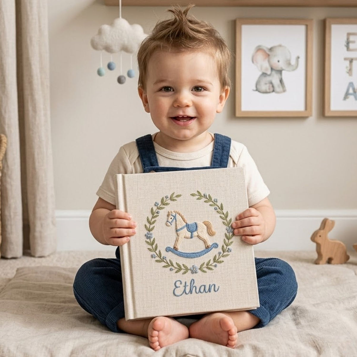Personalized Baby Photo Album, Hand Embroidered Dinosaur Memory Book, Custom Name Keepsake, Woodland Nursery Gift, Newborn, Baby Shower Gift