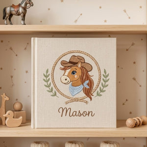 Personalized Baby Photo Album, Hand Embroidered Dinosaur Memory Book, Custom Name Keepsake, Woodland Nursery Gift, Newborn, Baby Shower Gift