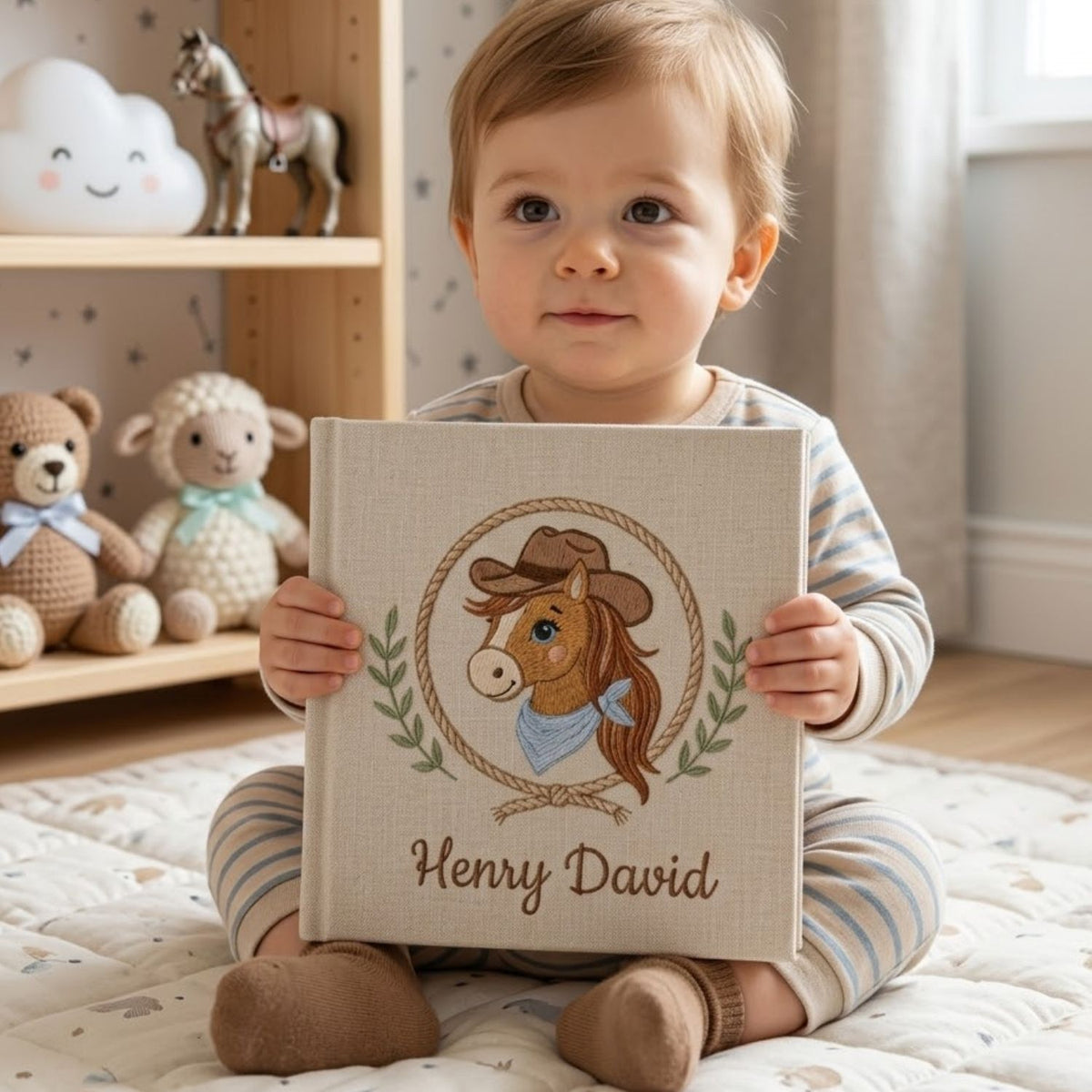 Personalized Baby Photo Album, Hand Embroidered Dinosaur Memory Book, Custom Name Keepsake, Woodland Nursery Gift, Newborn, Baby Shower Gift
