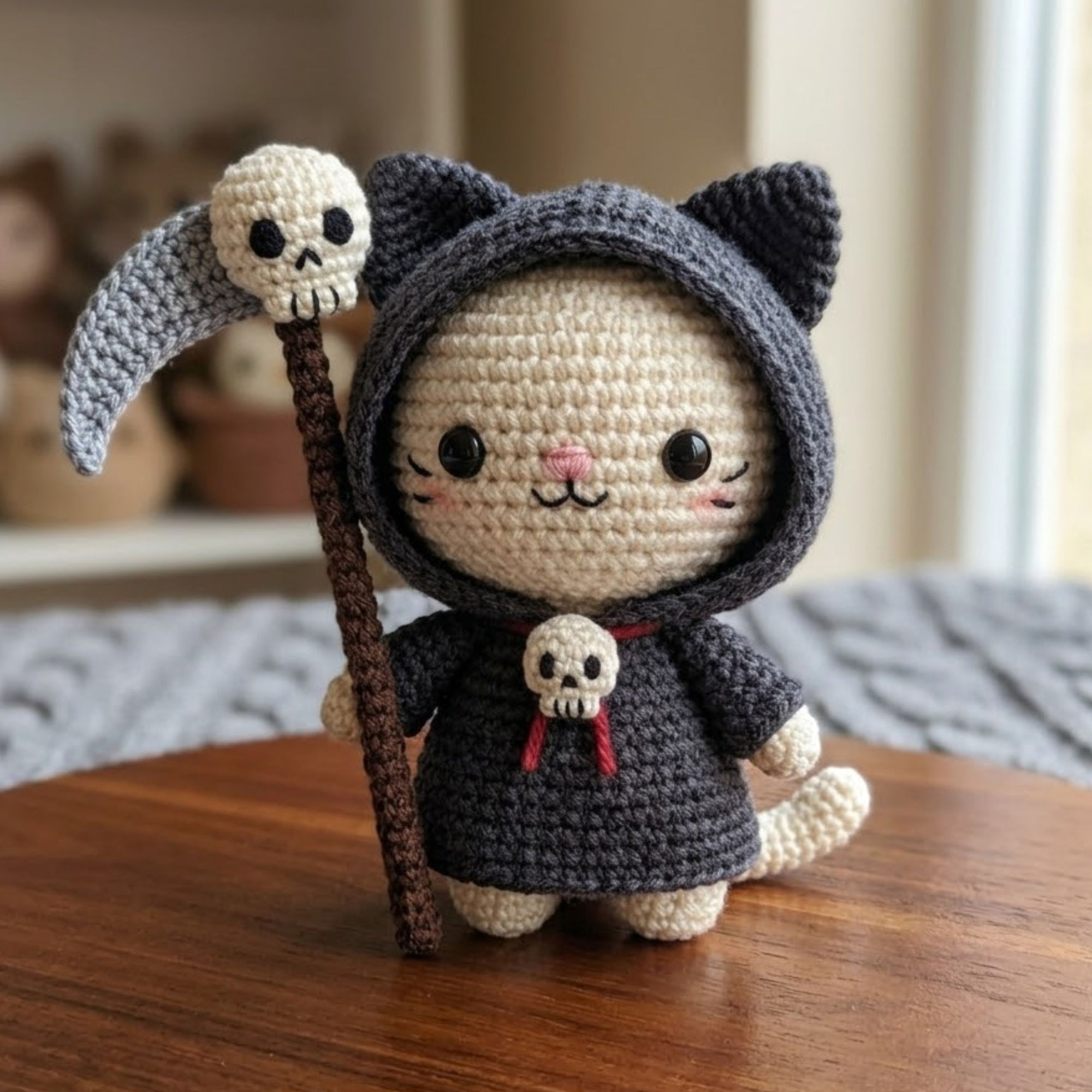Crochet Grim Reaper Cat Plush, Cute Amigurumi Halloween Kitty Doll With Scythe, Kawaii Gothic Stuffed Animal Gift, 4-12 Inch Decor Toy Gifts