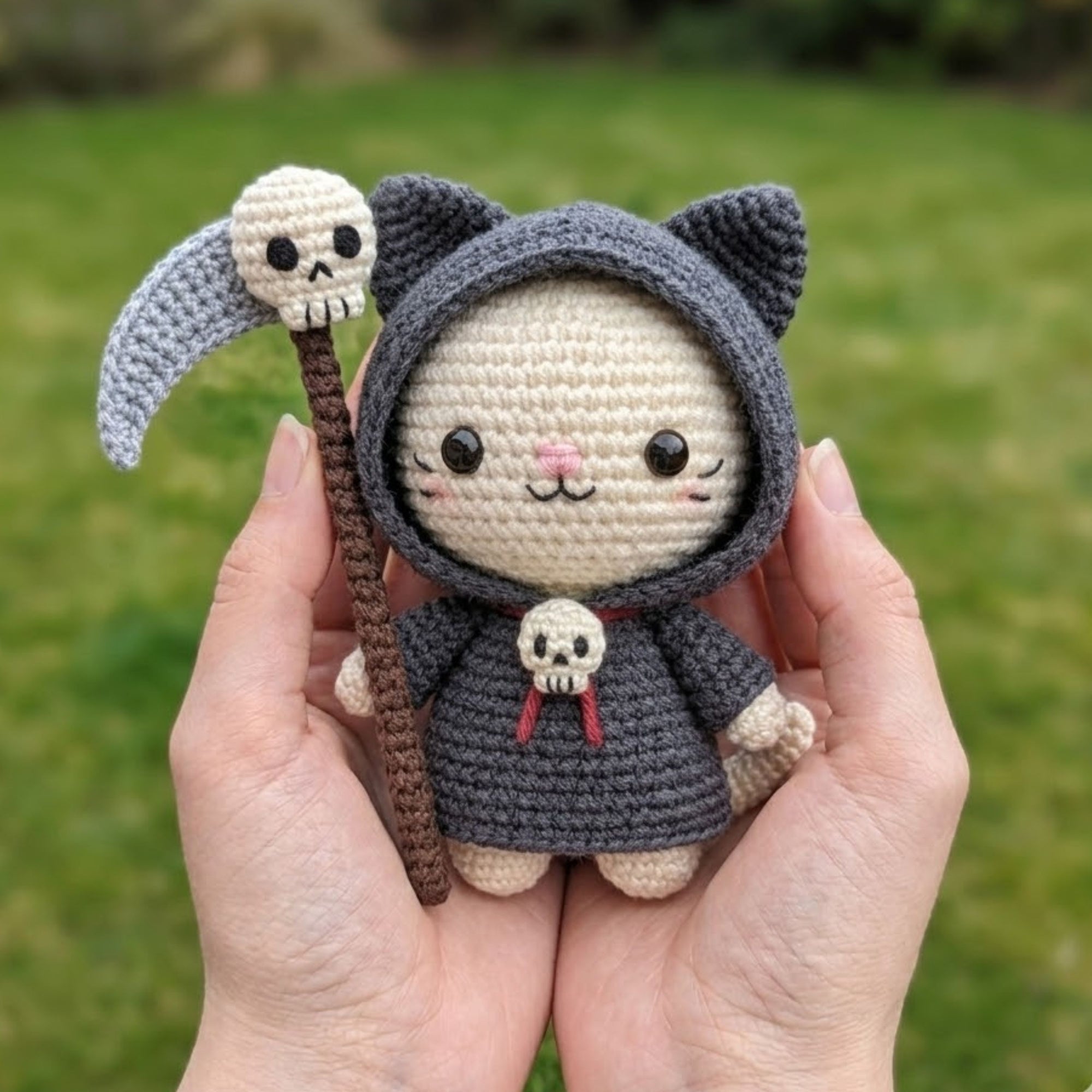 Crochet Grim Reaper Cat Plush, Cute Amigurumi Halloween Kitty Doll With Scythe, Kawaii Gothic Stuffed Animal Gift, 4-12 Inch Decor Toy Gifts