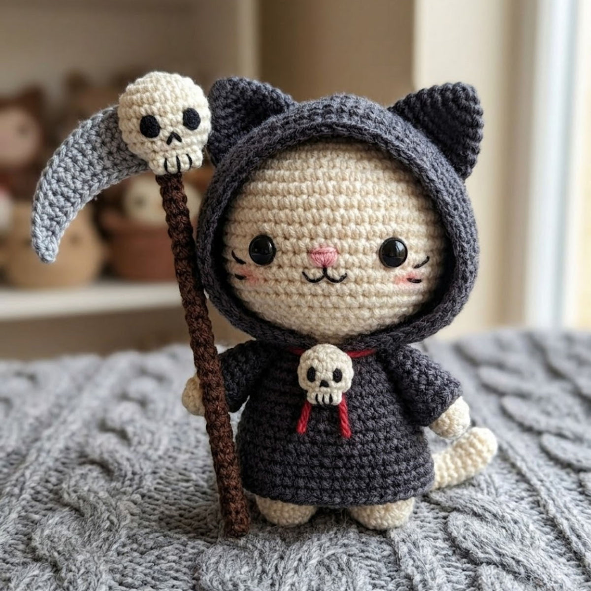 Crochet Grim Reaper Cat Plush, Cute Amigurumi Halloween Kitty Doll With Scythe, Kawaii Gothic Stuffed Animal Gift, 4-12 Inch Decor Toy Gifts