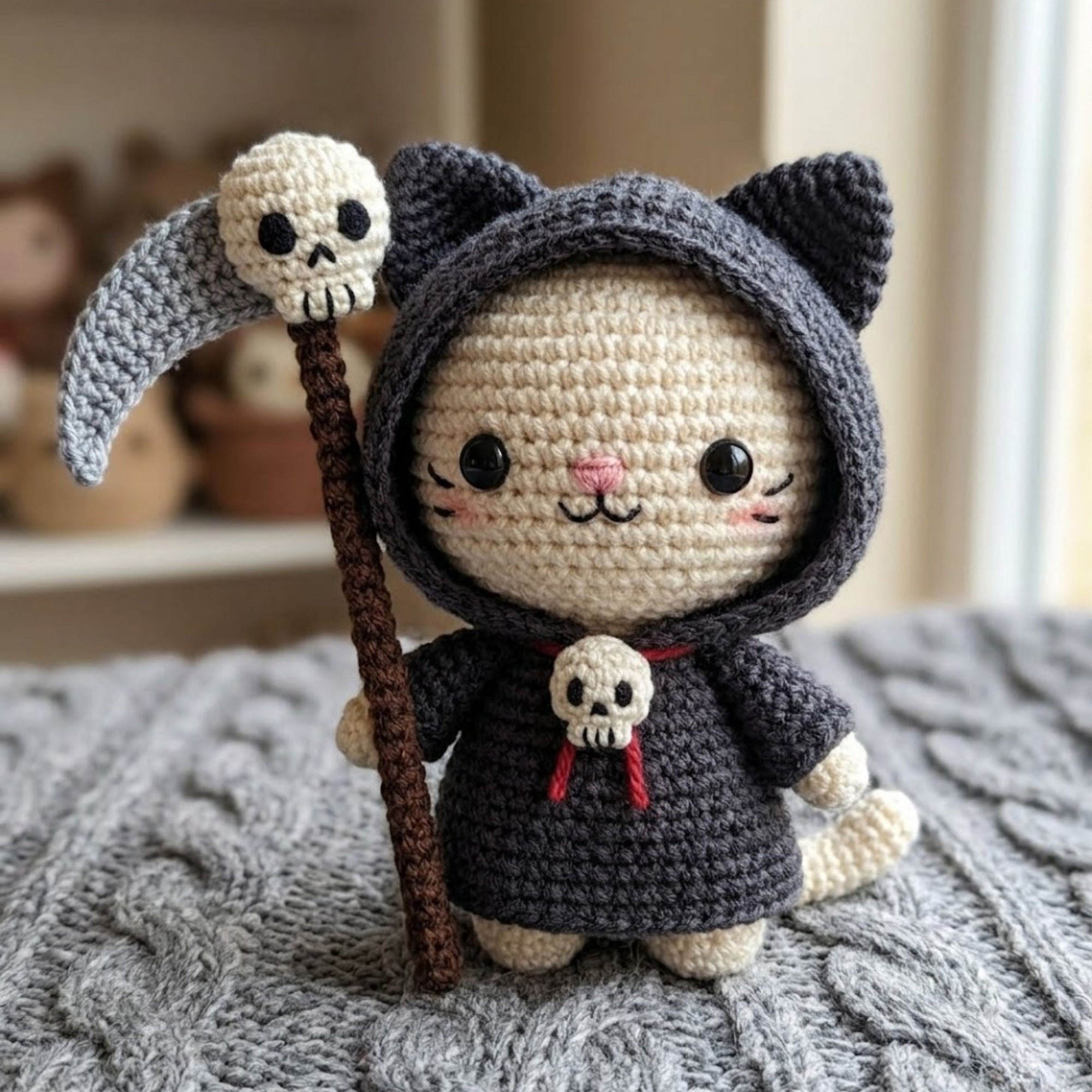 Crochet Grim Reaper Cat Plush, Cute Amigurumi Halloween Kitty Doll With Scythe, Kawaii Gothic Stuffed Animal Gift, 4-12 Inch Decor Toy Gifts