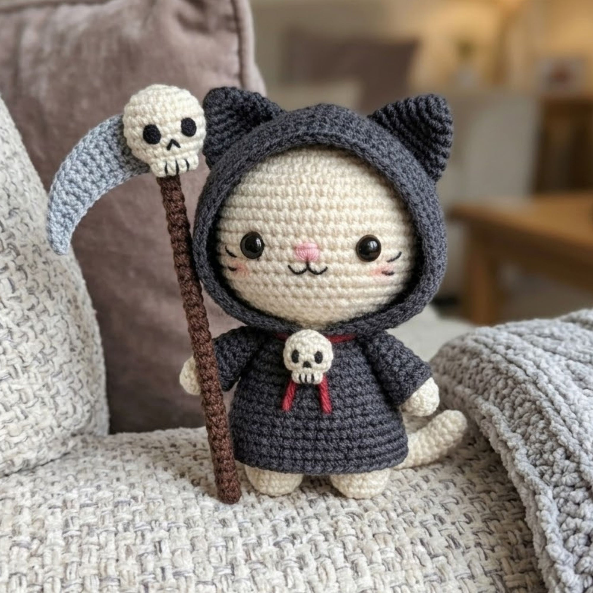 Crochet Grim Reaper Cat Plush, Cute Amigurumi Halloween Kitty Doll With Scythe, Kawaii Gothic Stuffed Animal Gift, 4-12 Inch Decor Toy Gifts