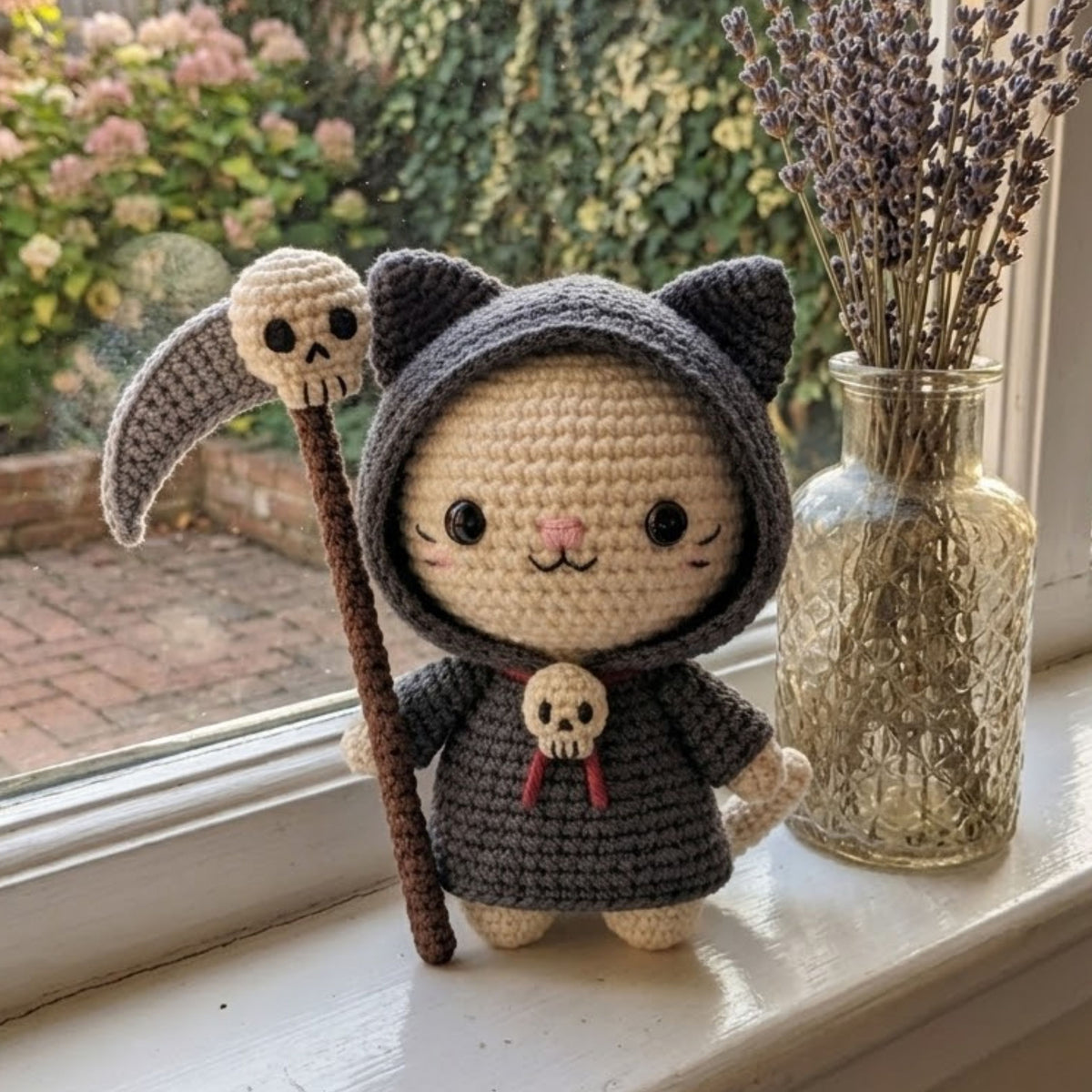 Crochet Grim Reaper Cat Plush, Cute Amigurumi Halloween Kitty Doll With Scythe, Kawaii Gothic Stuffed Animal Gift, 4-12 Inch Decor Toy Gifts