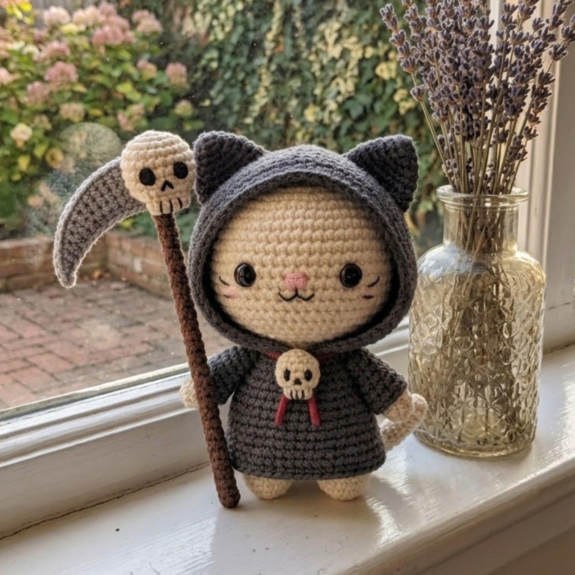 Crochet Grim Reaper Cat Plush, Cute Amigurumi Halloween Kitty Doll With Scythe, Kawaii Gothic Stuffed Animal Gift, 4-12 Inch Decor Toy Gifts
