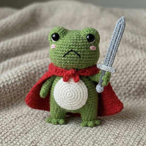 Crochet Warrior Frog Plush With Sword and Red Cape, Cute Amigurumi Frog Stuffed Animal, Kawaii Fantasy Gift, 4-12 Inch Handmade Toy For Kids
