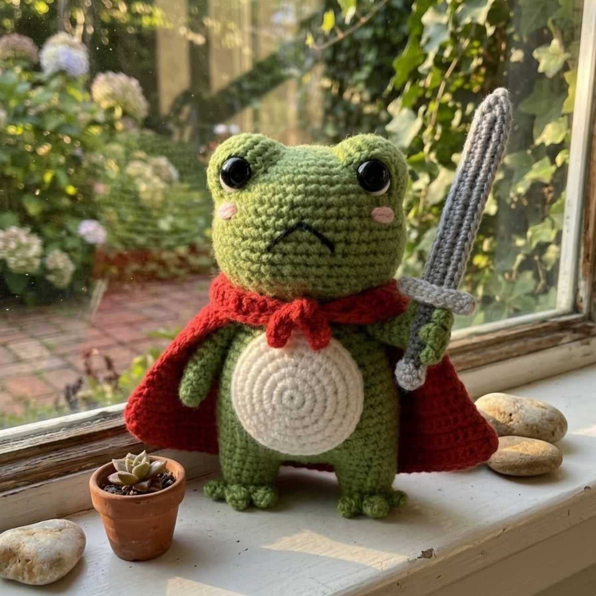 Crochet Warrior Frog Plush With Sword and Red Cape, Cute Amigurumi Frog Stuffed Animal, Kawaii Fantasy Gift, 4-12 Inch Handmade Toy For Kids