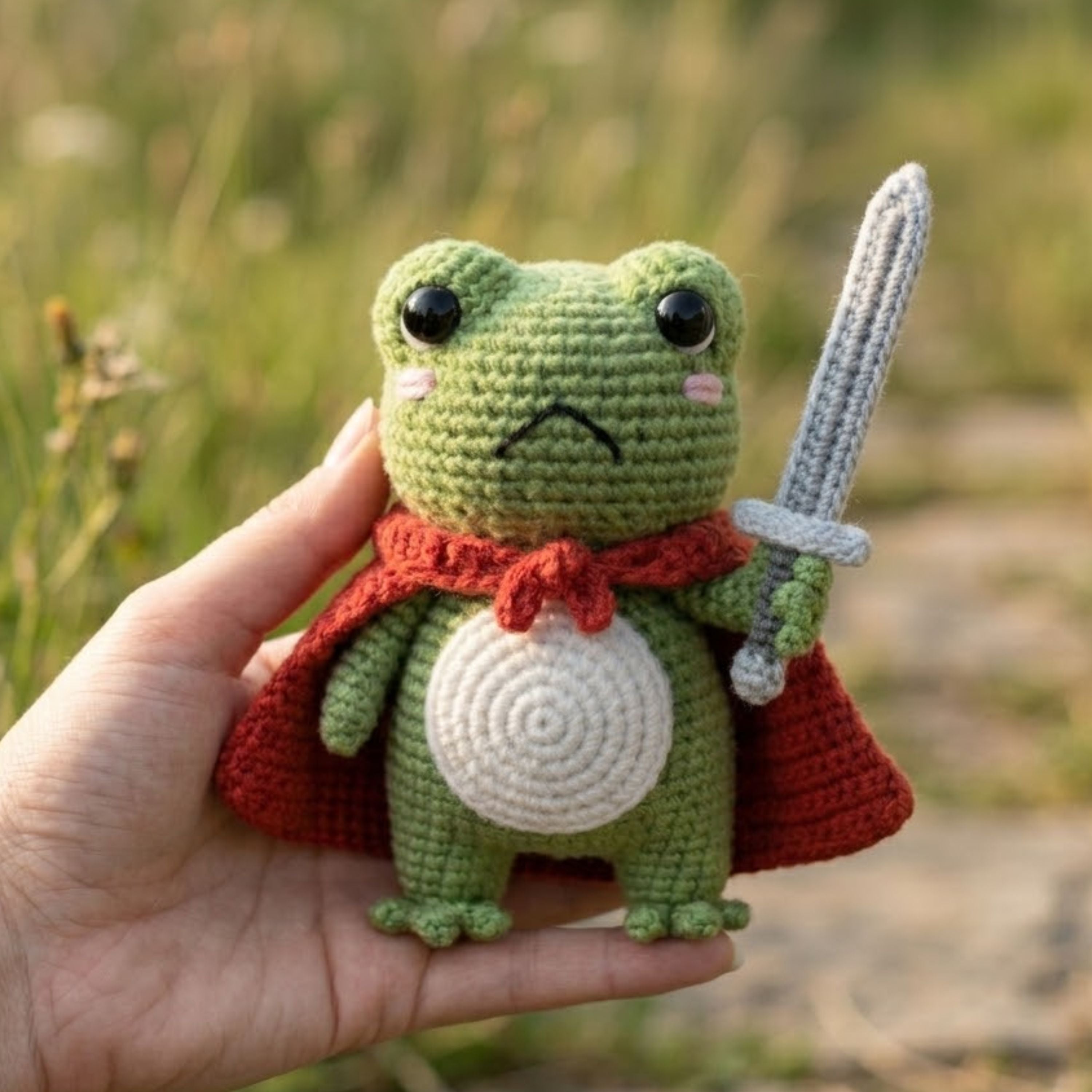 Crochet Warrior Frog Plush With Sword and Red Cape, Cute Amigurumi Frog Stuffed Animal, Kawaii Fantasy Gift, 4-12 Inch Handmade Toy For Kids