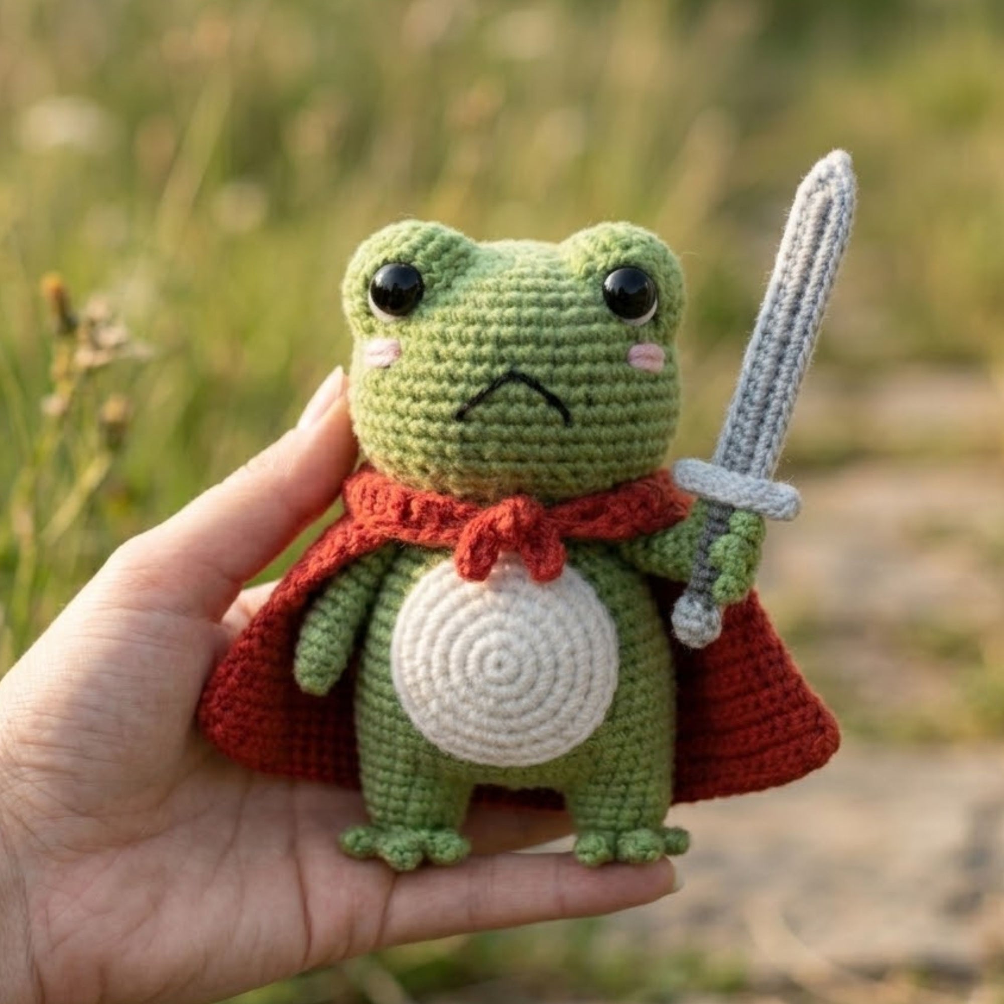 Crochet Warrior Frog Plush With Sword and Red Cape, Cute Amigurumi Frog Stuffed Animal, Kawaii Fantasy Gift, 4-12 Inch Handmade Toy For Kids